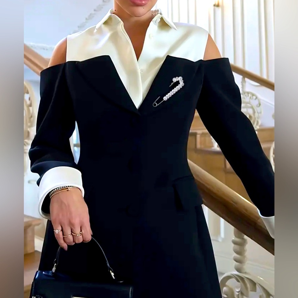 NWT Retail $138 Ellena Boss Babe Black and White Off-Shoulder Blazer